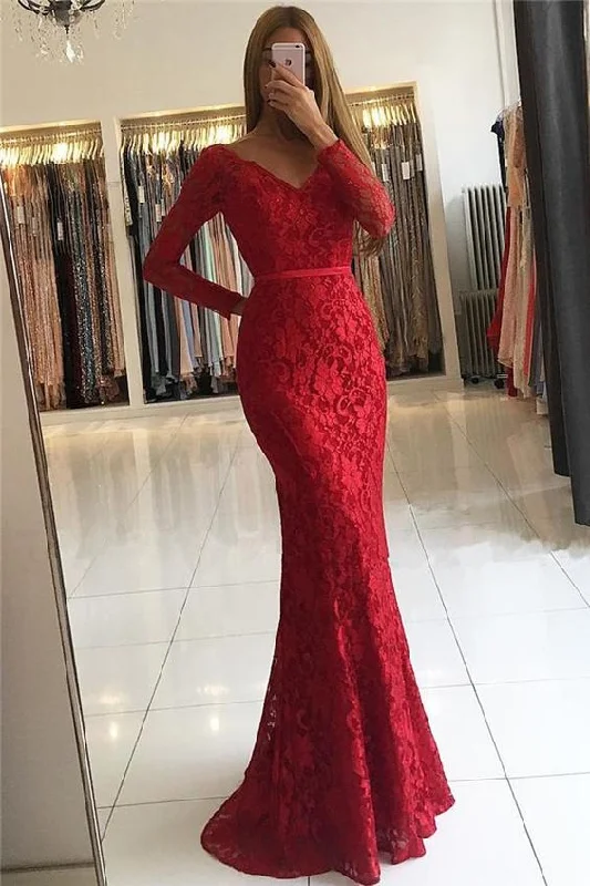 Blush Elbow Sleeve Debutante Evening Dress -Chic Vneck Open Back Scarlet Lace Evening Dresses Elegant Long Sleeves Prom Dress C1949