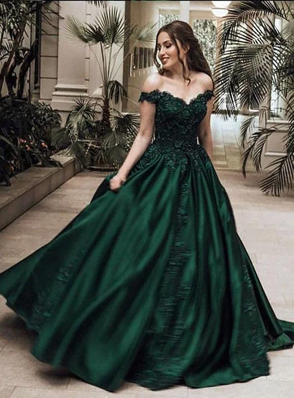 Elbow Sleeve Debutante Evening Dress -Classic Satin Dark Green Off Shoulder Sweetheart Ball Gown Prom Dress C2102