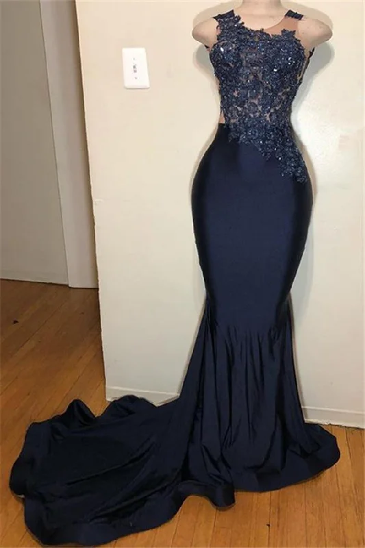 Pine Off-Arm Evening Dress -Dark Blue Straps Sleeveless Applique Mermaid Formal Prom Dresses C2006