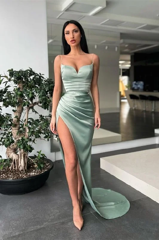 Eggplant Opulent Evening Dress -Dusty Sage Spaghetti-Straps Prom Dress Mermaid Long With Split C2390