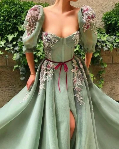 Pumpkin Evening Dress -Elegant Mint Green Puff Sleeve Prom Dress with Slit C2041