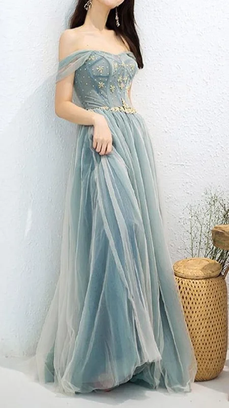 Saffron Pearl Evening Dress -Elegant Off Shoulder A-Line Beaded Long Prom Dress With Appliques C2372