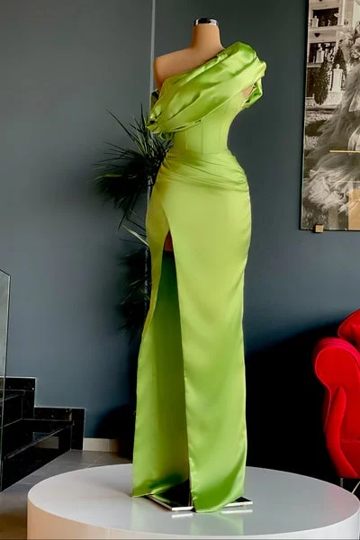 Pine Evening Dress -Elegant One Shoulder Long Evening Prom Dress With Split C2039