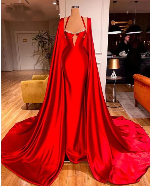 Yesteryear Occasion Evening Dress -Elegant Red Satin Mermaid Prom Dresses with Long Scarves High Side Formal Evening Gowns C2394