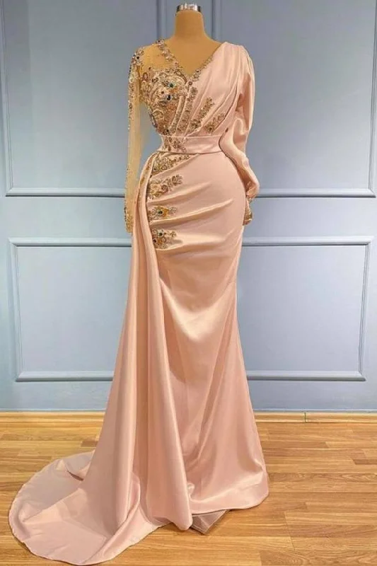 Soiree Netting Evening Dress -Elegant V-Neck Long Sleeves Mermaid Prom Dress with Gold Sequins Appliques C2054