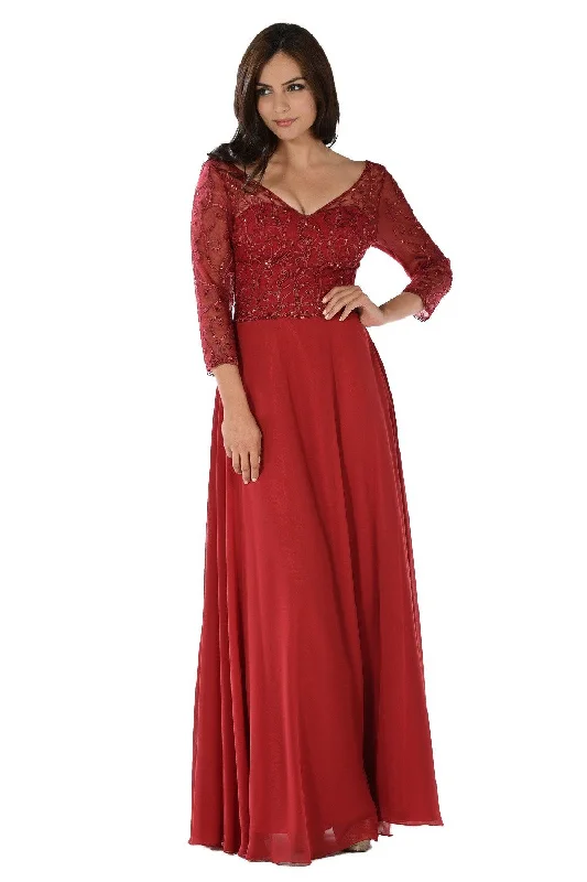 Topaz Evening Dress -Embroidered Long V-Neck Dress with Sleeves by Poly USA 7808