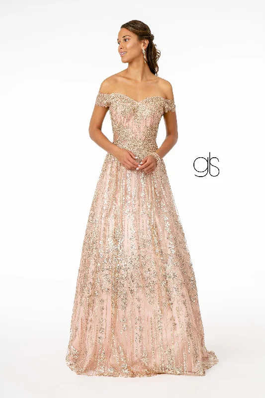 Soiree Fawn Evening Dress -Embroidered Long Off Shoulder Glitter Dress by Elizabeth K GL2941