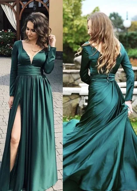 Antique Damask Evening Dress -Emerald Green Prom Dresses Long Sleeves Simple Evening Dress C2321