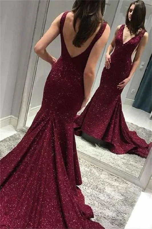 Eggplant Evening Dress -Sparkly Long V-Neck Open Back Mermaid Burgundy Prom Dresses C1498