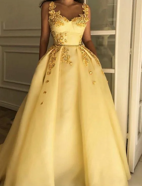 Royal Sultry Evening Dress -Fabulous Beautiful Straps Evening Dresses Long Yellow Prom Dresses with Appliques C2132