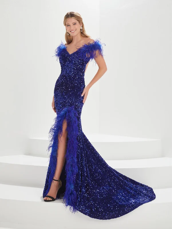 Spot Evening Dress -Feather Sequin Off Shouler Gown by Tiffany Designs 16004