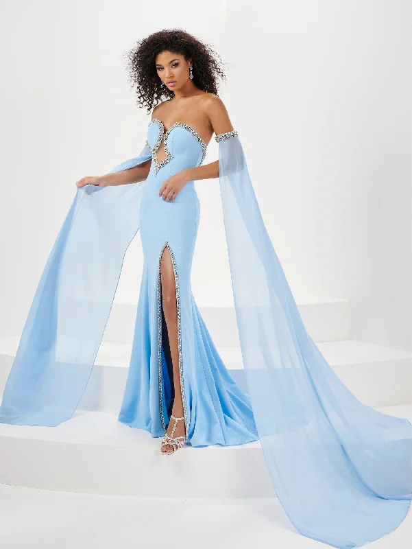 Topaz Evening Dress -Fitted Beaded Strapless Cape Sleeve Slit Gown by Panoply 14194