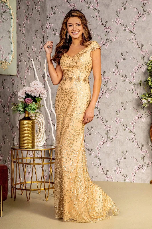 Jacquard Reception Evening Dress -Fitted Glitter Print Short Sleeve Gown by GLS Gloria GL3414 - Outlet