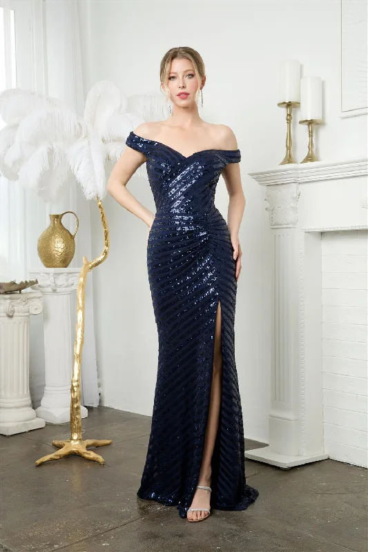 Admiral Femme Evening Dress -Fitted Linear Sequin Off Shoulder Slit Gown by Juno M1005