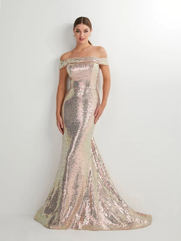 Open Reception Evening Dress -Fitted Long Off Shoulder Sequin Dress by Studio 17 12911