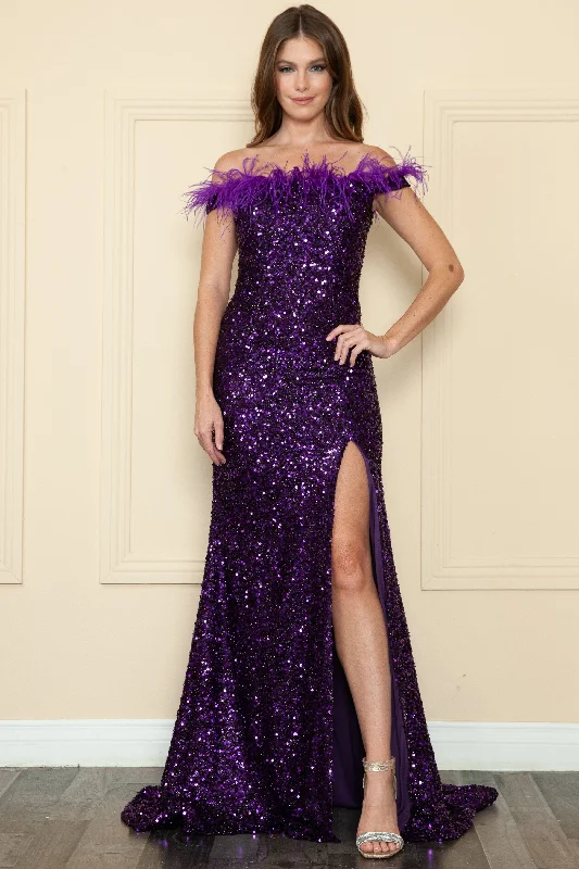 Golden Evening Dress -Fitted Off Shoulder Sequin Feather Gown by Poly USA 8980