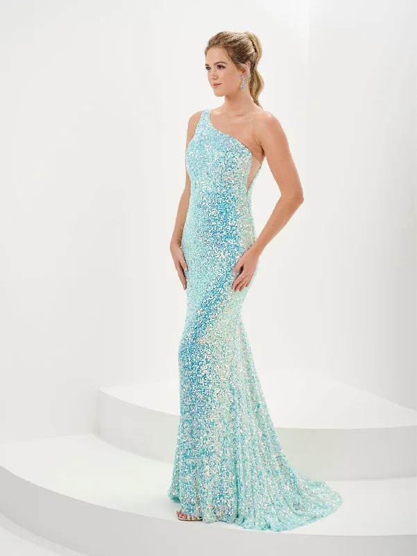 Glitz Evening Dress -Fitted Sequin One Shoulder Gown by Tiffany Designs 16114