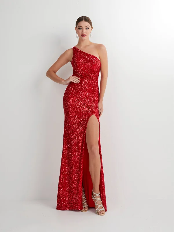 Scarlet Poised Evening Dress -Fitted Sequin One Shoulder Slit Gown by Studio 17 12889