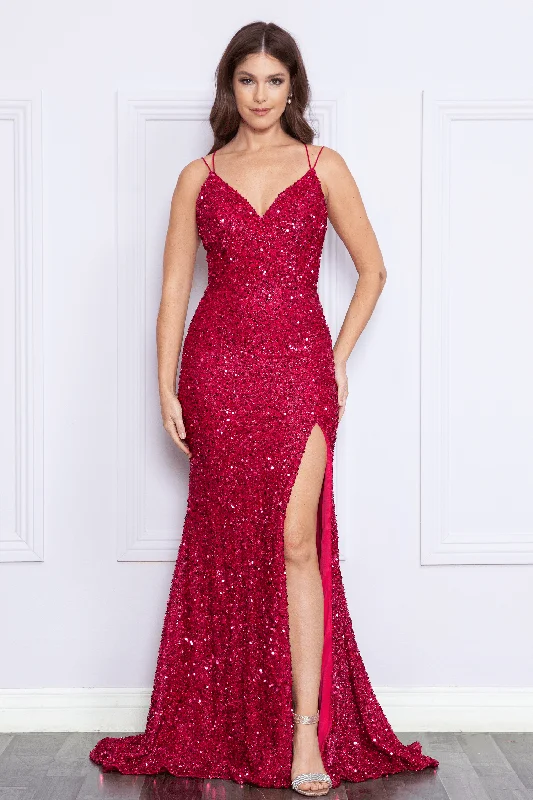 Full-Length Evening Dress -Fitted V-Neck Sequin Slit Gown by Poly USA 9102