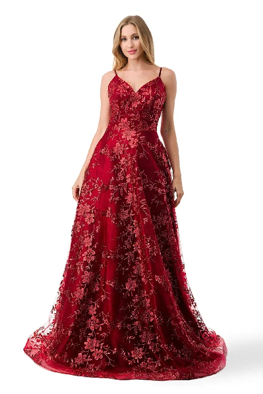 Obsidian Flounce Soiree Evening Dress -Floral Embroidered Lace-Up Back Gown by Coya L2764B