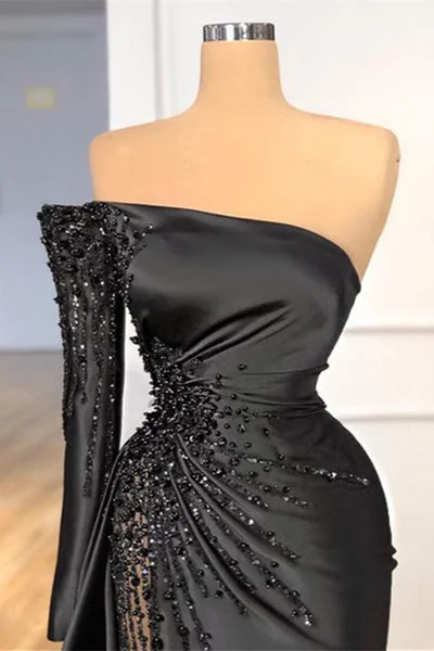 Magenta Luxe Banquet Evening Dress -Glamorous Black Long Sleeve One Shoulder Prom Dress Beadings Evening Dress C2191