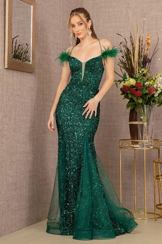 Dignified Banquet Evening Dress -Glitter Off Shoulder Feather Gown by GLS Gloria GL3130