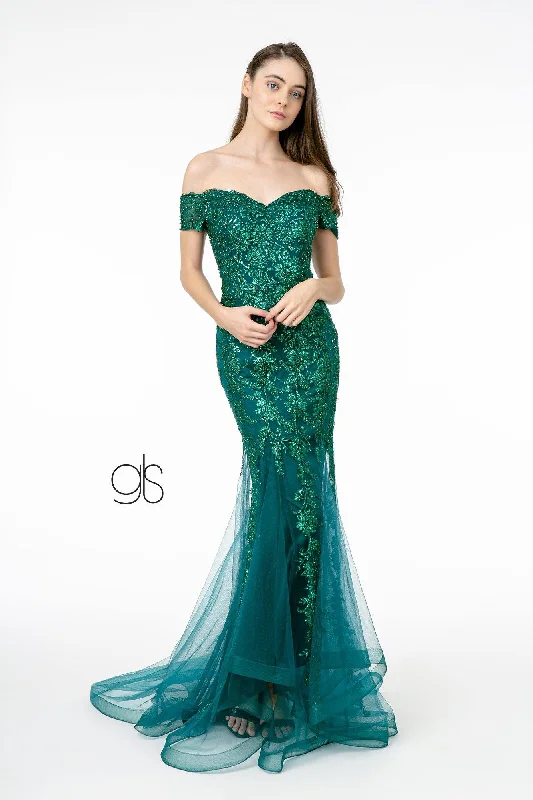 Off-Arm Evening Dress -Glitter Print Mermaid Gown with Cutout Back by Elizabeth K GL1823