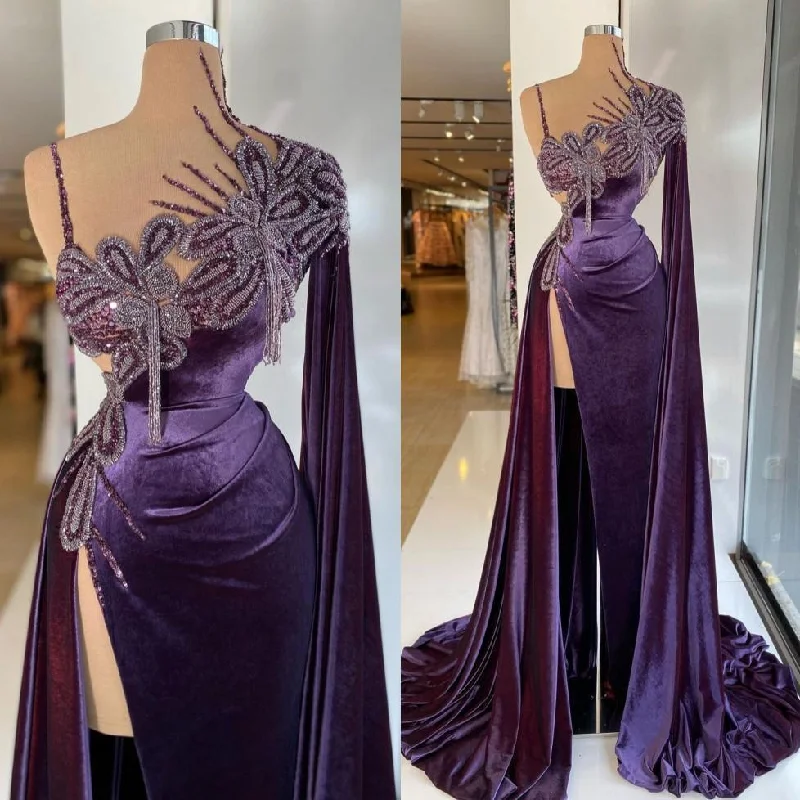 Periwinkle Off-Arm Soiree Evening Dress -Gorgeous Purple Long Prom Dress With Split C2316