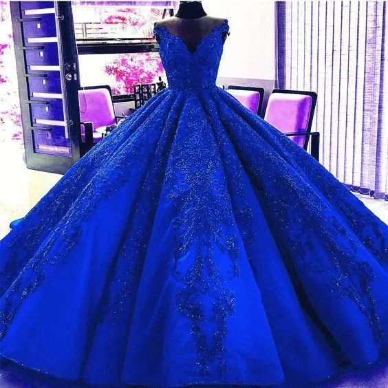 Adolescent Reception Evening Dress -Gorgeous Royal Blue Appliques Beads Quinceanera Dresses, Formal Ball Gown Prom Dress C1845