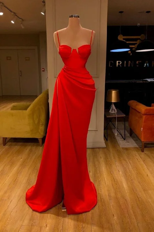 Column Evening Dress -Gorgeous Spaghetti Strap Unique Round Cup High split Red Prom Dress C2280