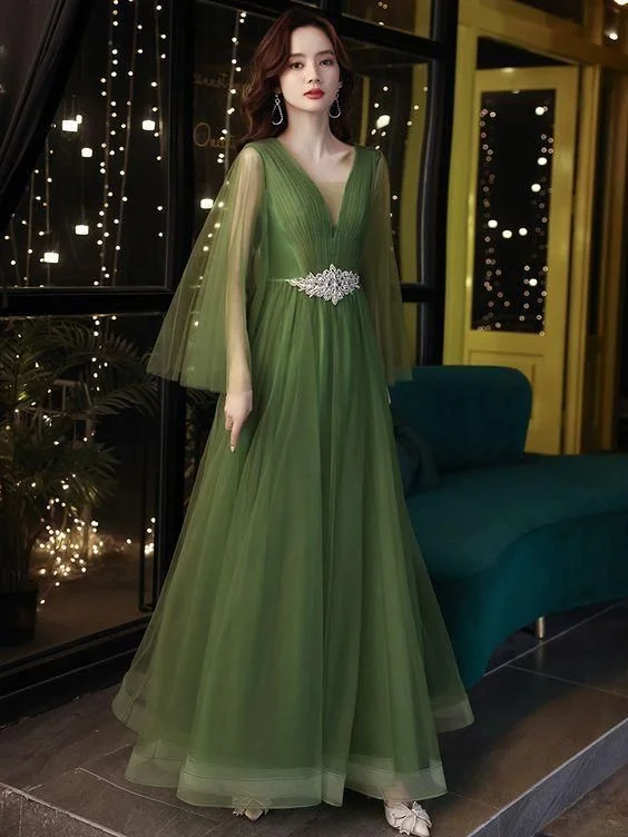 Golden Glitz Evening Dress -Green evening dress, new style, elegant puffy temperament prom dress C2128