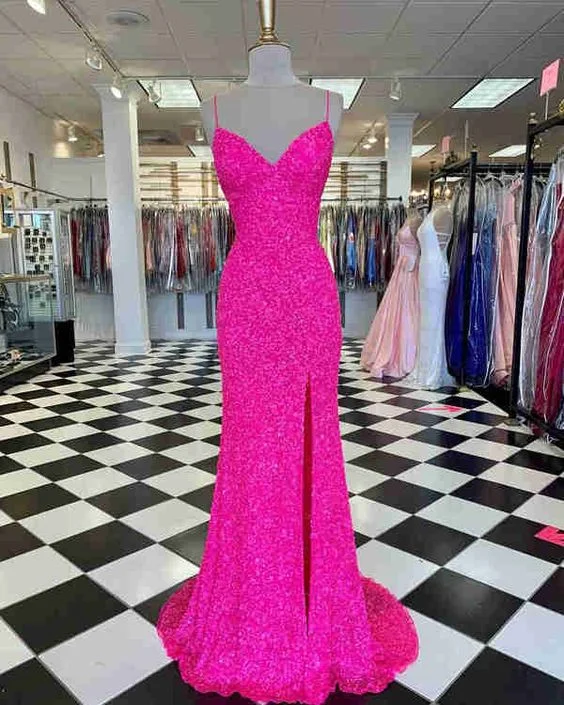 Teal Poised Warm Evening Dress -Hot Pink Straps Prom Dress with Slit,Mermaid Prom Dresses,Sexy Party Dresses C1951