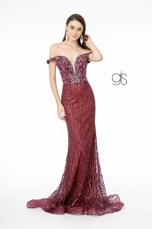 Bespoke Evening Dress -Jeweled Long Off Shoulder Glitter Dress by Elizabeth K GL1818