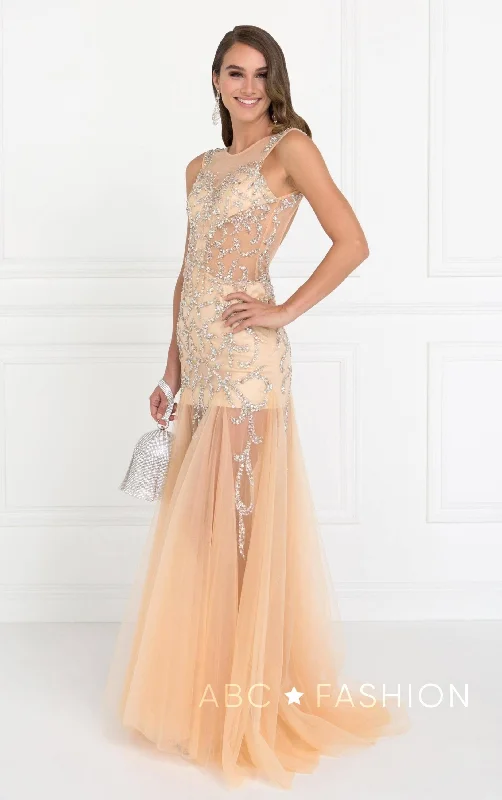 Peacock Gossamer Evening Dress -Jeweled Long Sleeveless Sheer Dress by Elizabeth K GL2153