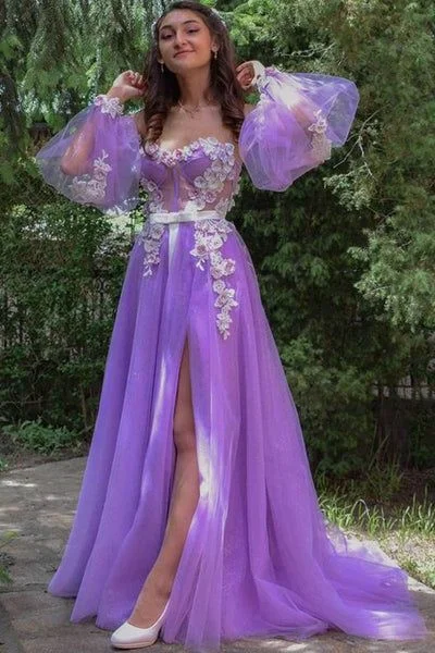 Scarlet Brocade Evening Dress -Lilac A line Long Sleeves Spaghetti Straps Prom Dresses with Side Slit, Appliques Dance Dress C2373