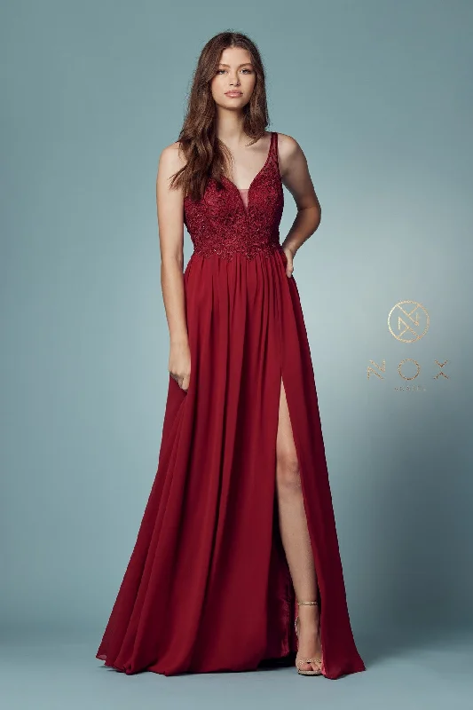 Merlot Cuffed Sleeve Evening Dress -Embroidered Bodice A-line Gown by Nox Anabel Y299