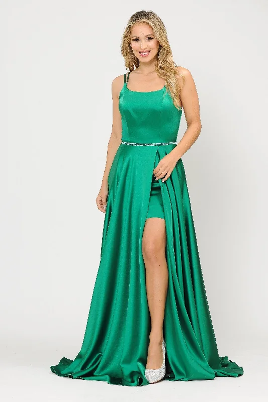 Cool Pearl Evening Dress -Long A-line Satin Dress with Corset Back by Poly USA 8652