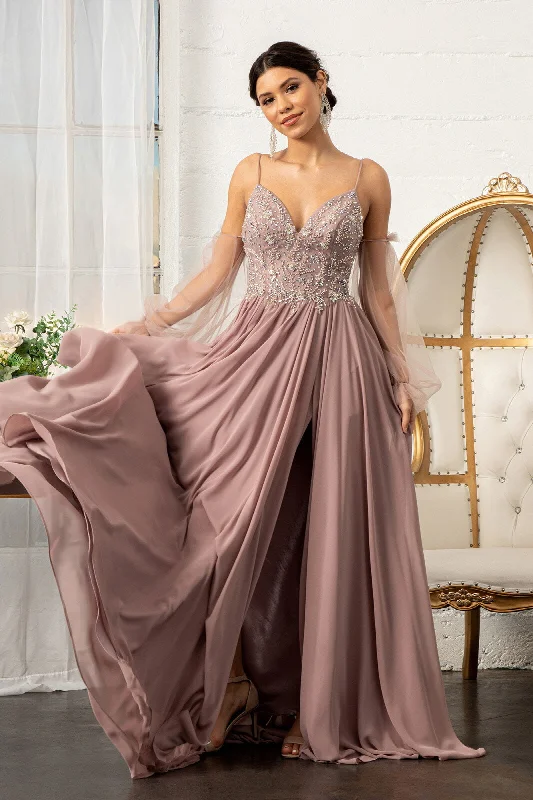 Flounce Soiree Evening Dress -Long Beaded Bodice Chiffon Dress by Elizabeth K GL3005