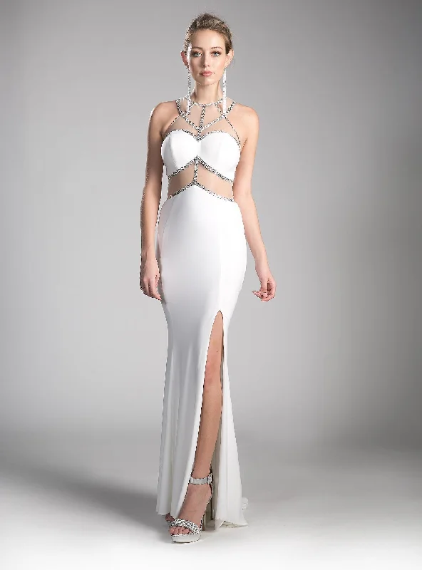 Matrimonial Evening Dress -Fitted Long Illusion Dress with Slit by Cinderella Divine CD0115