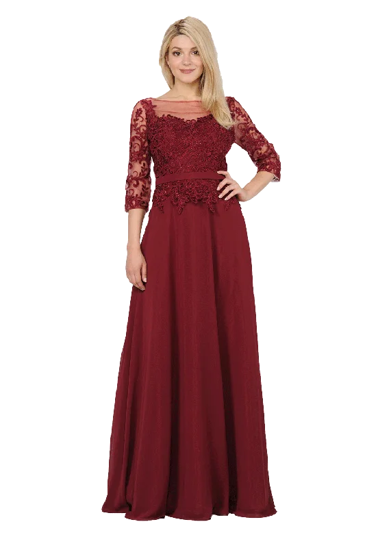 Ash Jacquard Evening Dress -Long Chiffon Dress with Sheer Lace Sleeves by Poly USA 7598