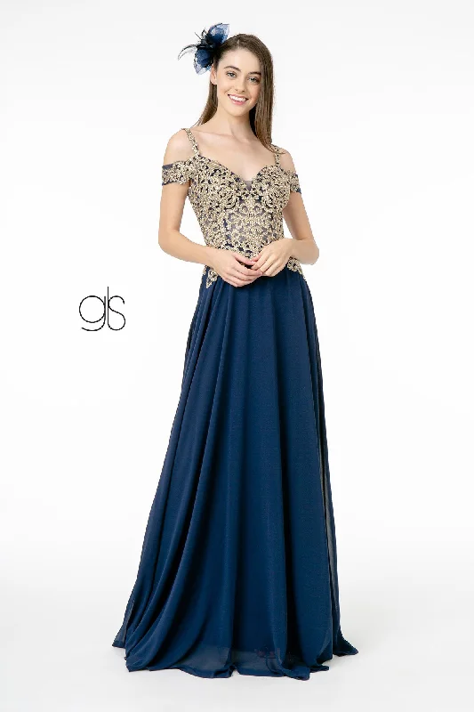 Sterling Sleek Premiere Evening Dress -Long Cold Shoulder Dress with Gold Appliques by Elizabeth K GL2998