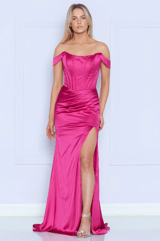 Periwinkle Off-Arm Soiree Evening Dress -Long Fitted Corset Slit Dress by Poly USA 9024