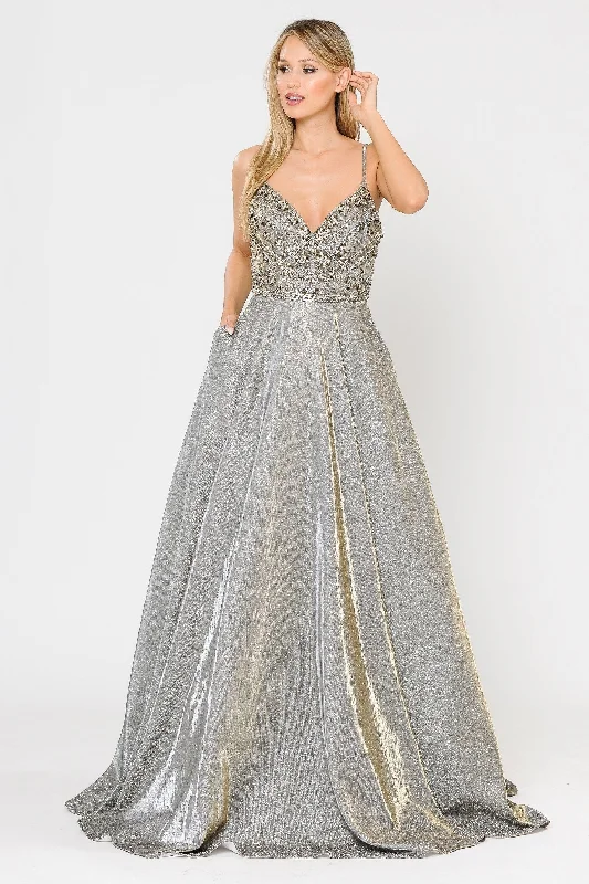 Flounce Evening Dress -Long Metallic Glitter Dress with Beaded Bodice by Poly USA 8414