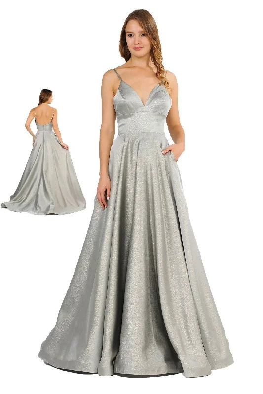 Antique Debutante Evening Dress -Long Metallic V-Neck Dress with Pockets by Poly USA 8358