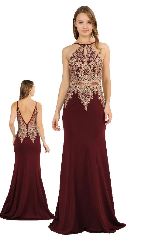 Saffron Boat Neck Soiree Evening Dress -Long Mock Two-Piece Dress with Lace Appliques by Poly USA 8244