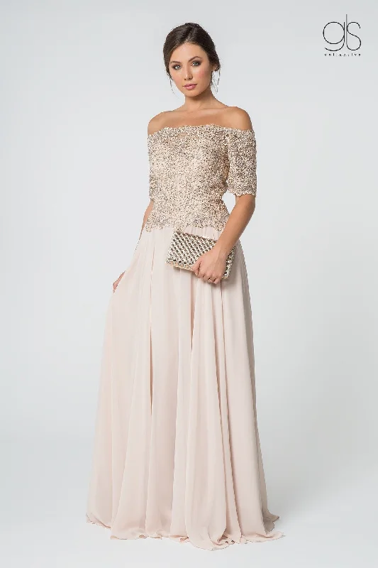 Column Evening Dress -Long Off Shoulder Dress with Embroidered Bodice by Elizabeth K GL2525 - Outlet