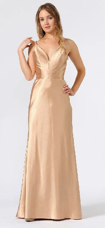 Linear Evening Dress -Long Shiny Charmeuse Dress with V-Neckline by Poly USA 9028