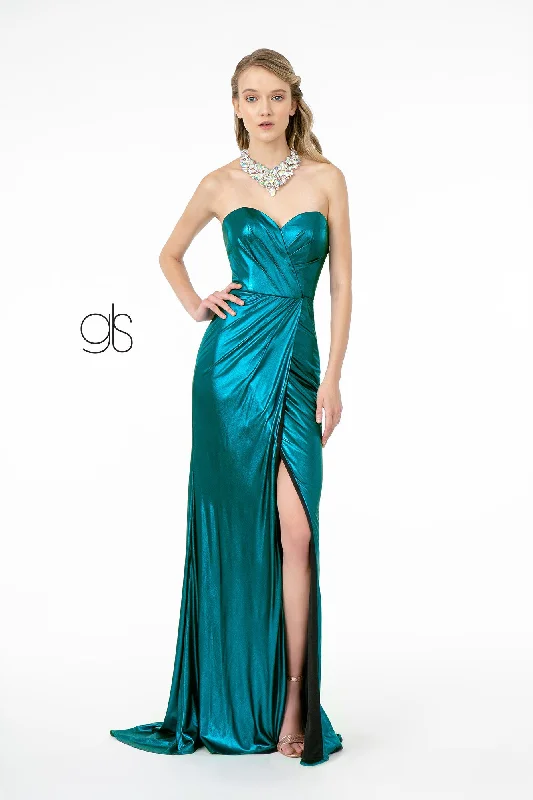 Single-Sleeve Evening Dress -Long Strapless Faux Wrap Metallic Dress by Elizabeth K GL2894