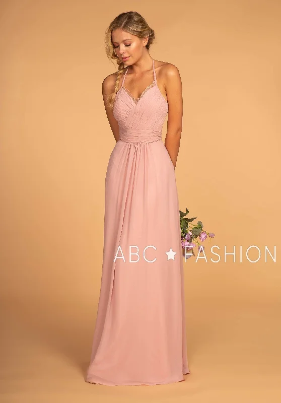 Blush Sleek Evening Dress -Long V-Neck Pleated Dress with Lace Details by Elizabeth K GL2606