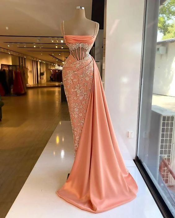 Saffron Extravagant Soiree Evening Dress -Mermaid Long Evening Dress spaghetti straps prom dress party dress  C2186